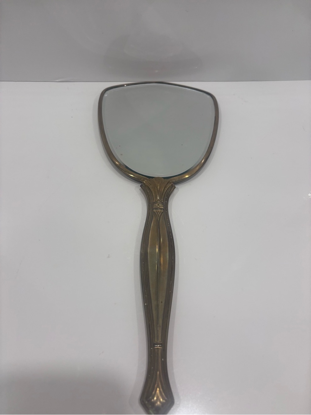 Vintage Brass Hand Mirror in Antique Gold Tone Art deco bevelled glass 13”